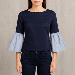 Ted Baker 0 Jesieh Navy Blue‎ Poplin Cropped Top Striped Bell Sleeves